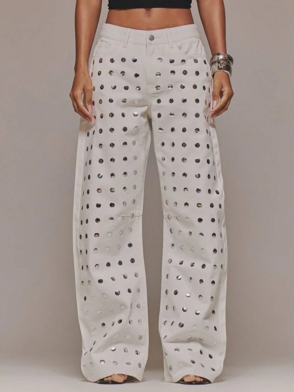 White Casual Women's Studded Baggy Straight Leg Jeans